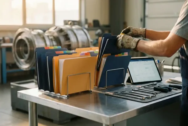 Techniker organisiert farbcodierte Wartungsvertragsordner auf Aluminium-Schreibtisch neben Tablet mit digitalem Kalender