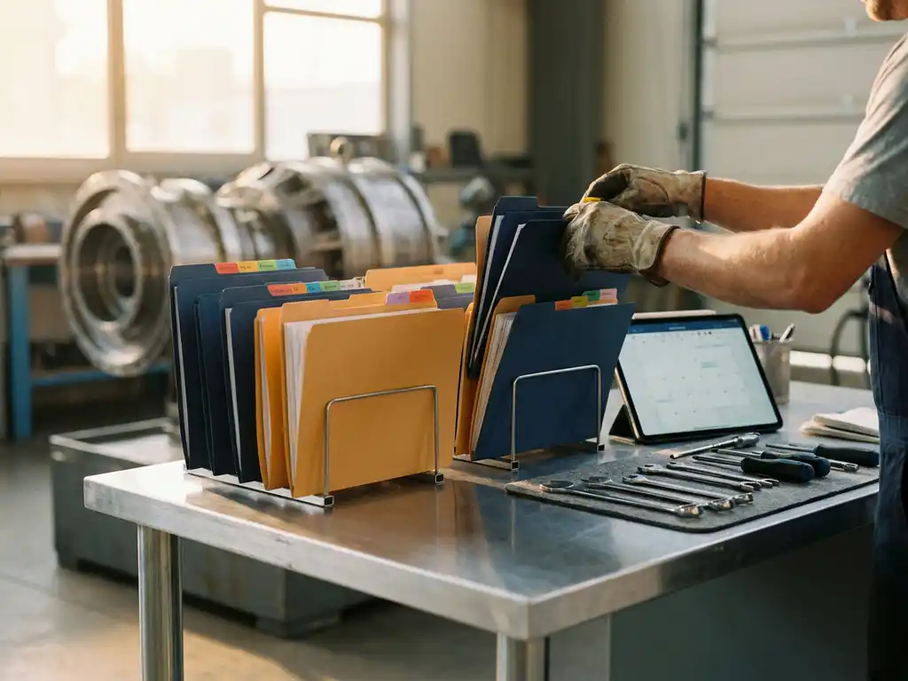 Techniker organisiert farbcodierte Wartungsvertragsordner auf Aluminium-Schreibtisch neben Tablet mit digitalem Kalender