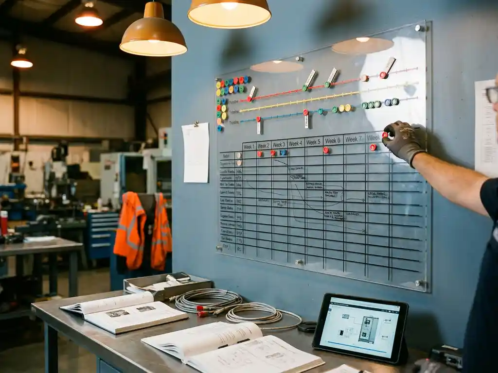 Servicemanager platziert roten Marker auf transparentem Planungsboard mit bunten Magneten und Zeitlinien in Industriewerkstatt