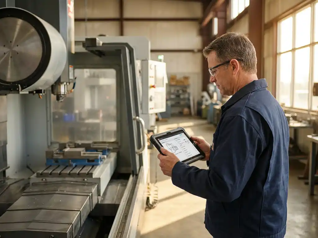 Servicetechniker prüft digitales Tablet mit Serviceauftrag neben CNC-Maschine in moderner Produktionshalle